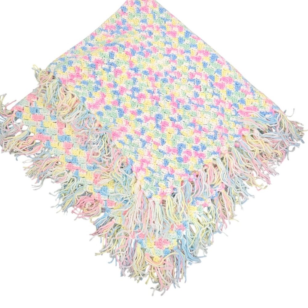 Handmade Crochet Baby Blanket Pastel Afghan 44"x 36" Blue Pink Yellow Nursery
